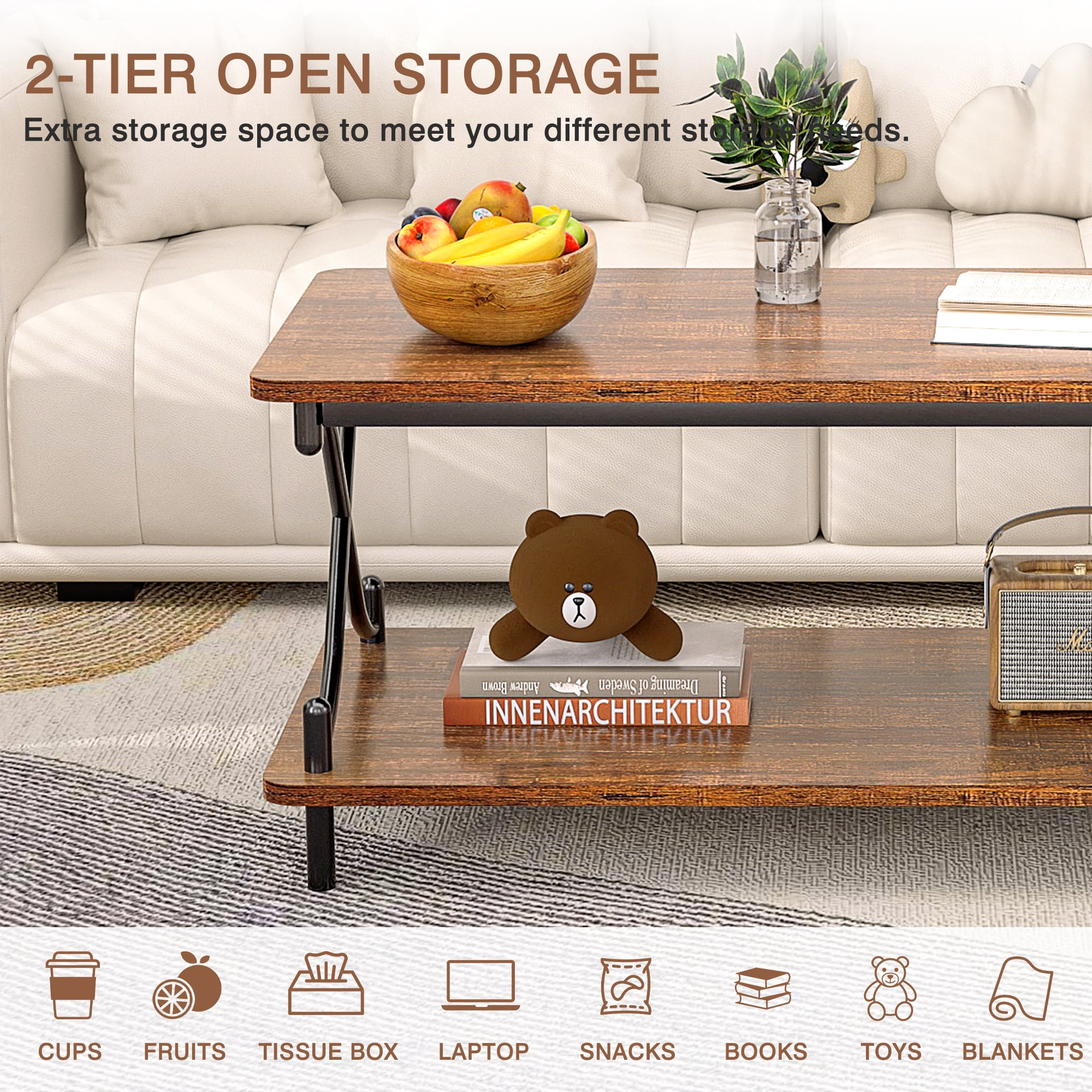 VECELO Rectangle Coffee Table with Storage Shelf, Modern X-Design Side Metal Frame for Living Room Office, Brown