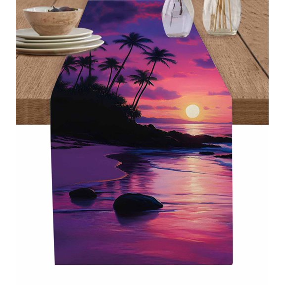 Ocean Sunset Table Runner 72 Inches, Summer Ocean Scenery Tropical Palm Tree Bed Runner Dresser Scarves Tabletop for Indoor Outdoor Parties/Ceremony/Banquet, 13" x 72"