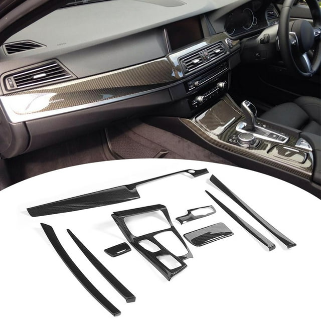Strip 9pcs Carbon Fiber Car Interior Decor Trim Kit Fit for 5 Series F10/F18 LCI 10-16 without Auto Start/Stop Button RHD