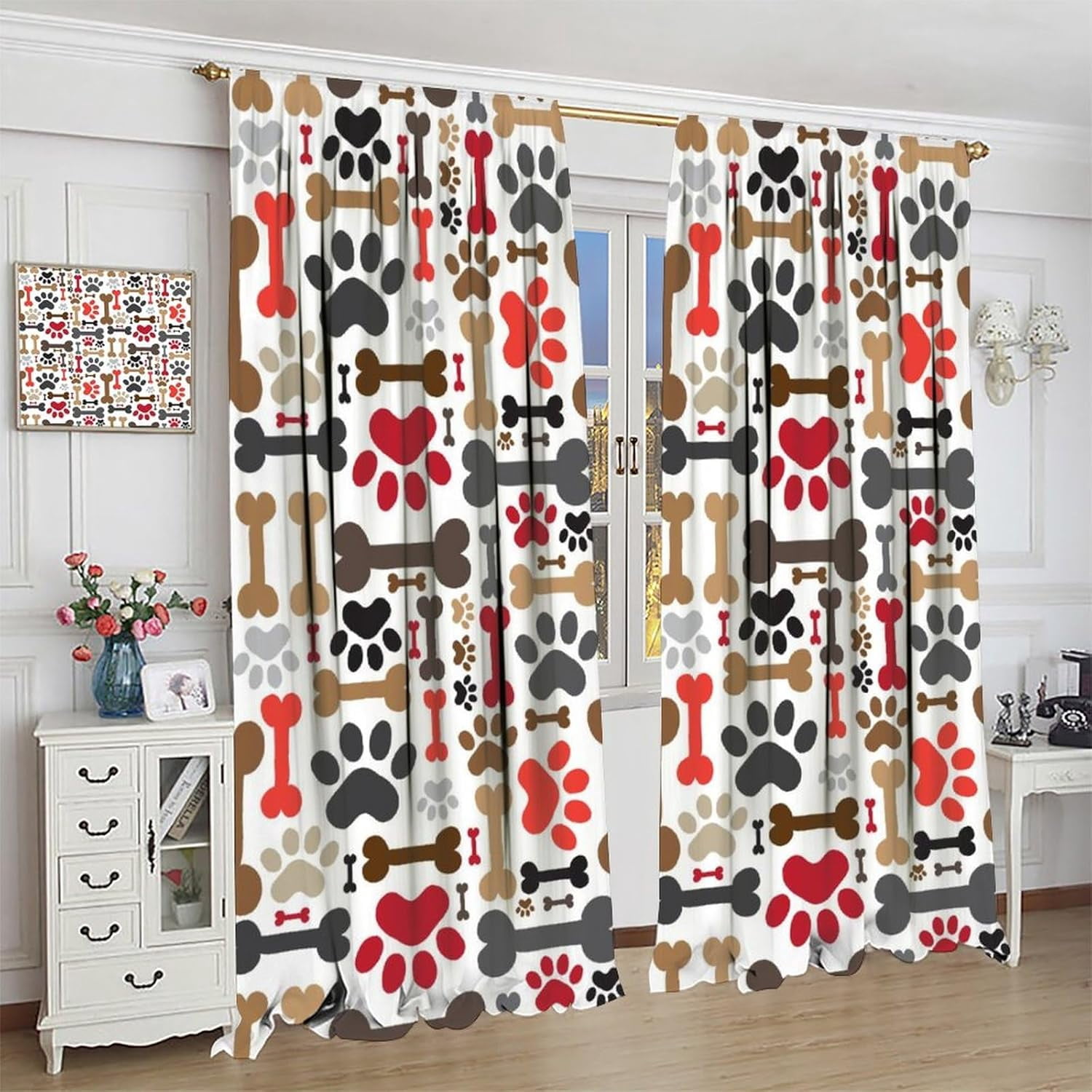 Dog Bohemia Curtains Boho Cartoon Dog Bone Dog Paw Prints Children''s Room Decor Rod Pocket Blackout Window Treatment for Kids Girls Bedroom Kitchen Decor Art Printed Window Drapes 42x54in