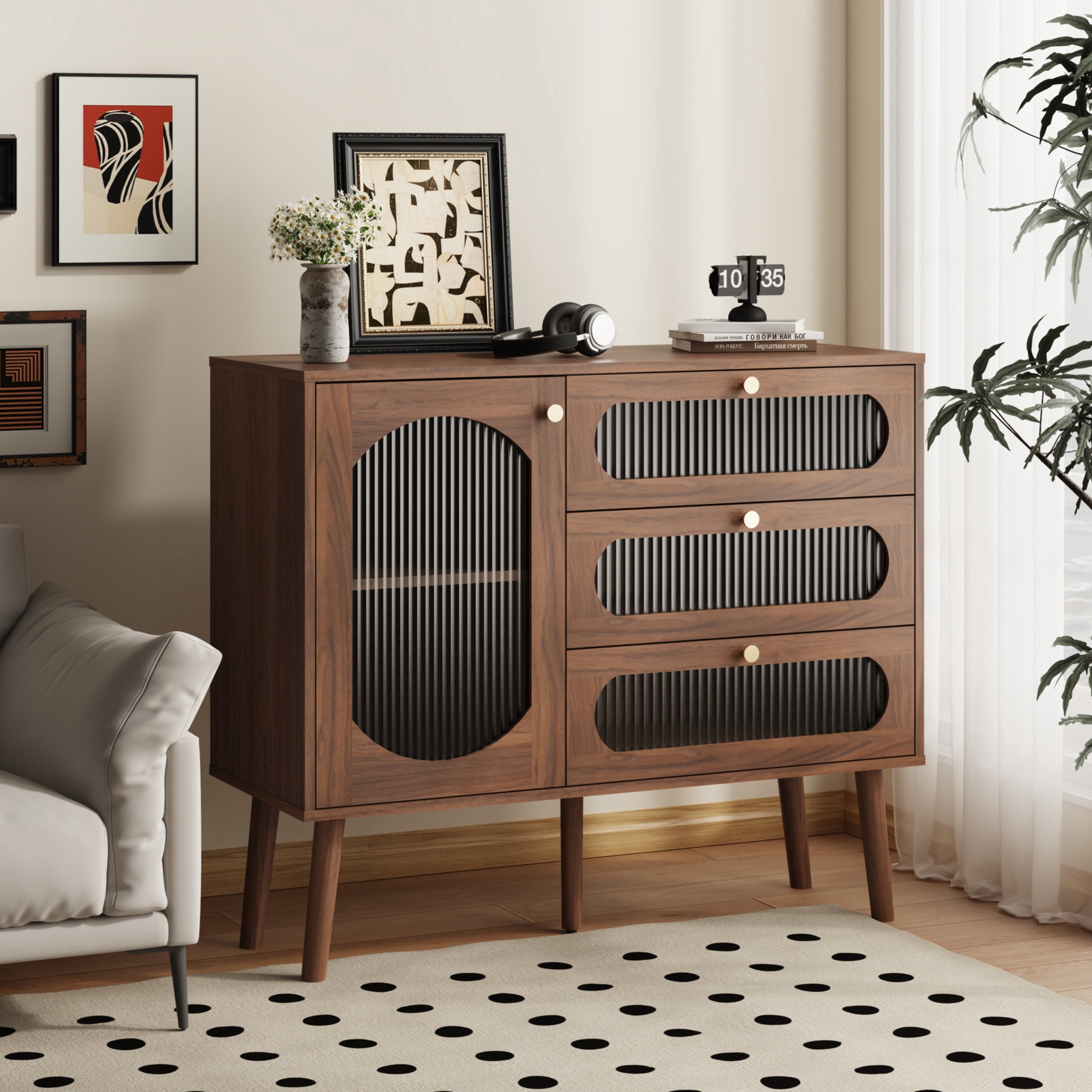 Nathan James Kova Cane Rattan Doors Accent Cabinet with Black