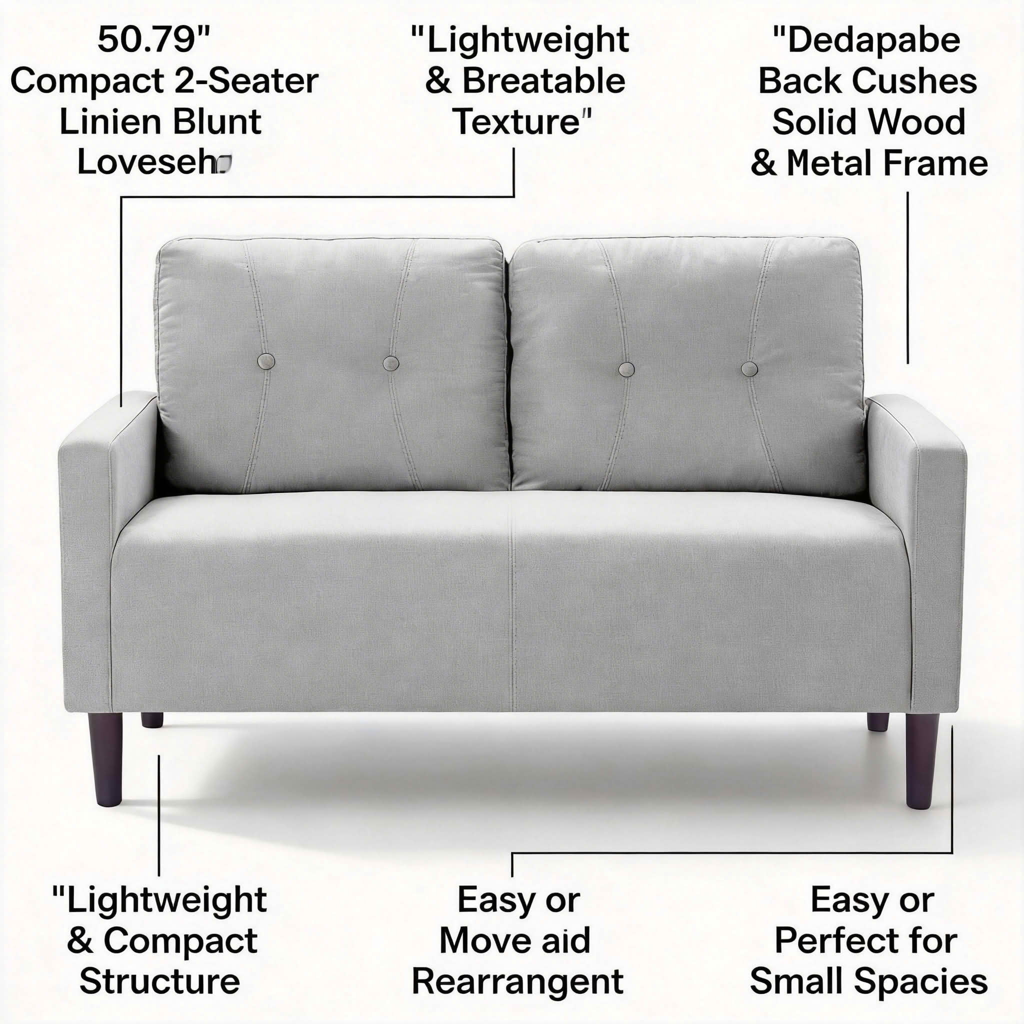 MAYEERTY 50.79" Modern Loveseat Sofa, 2-Seater Linen Blend Couch with Removable Back Cushions, Solid Wood & Metal Frame for Small Spaces