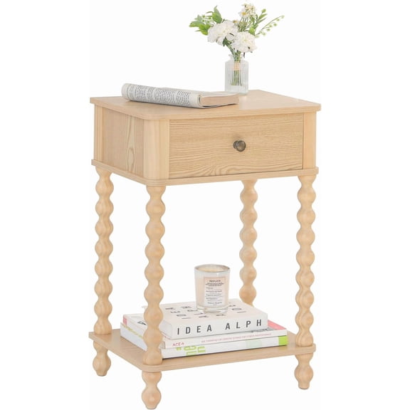 Night Stand, Small End Table with Storage for Living Room, Farmhouse Bedside Side Table with Spindle Wood Legs for Bedroom, Office, Natural
