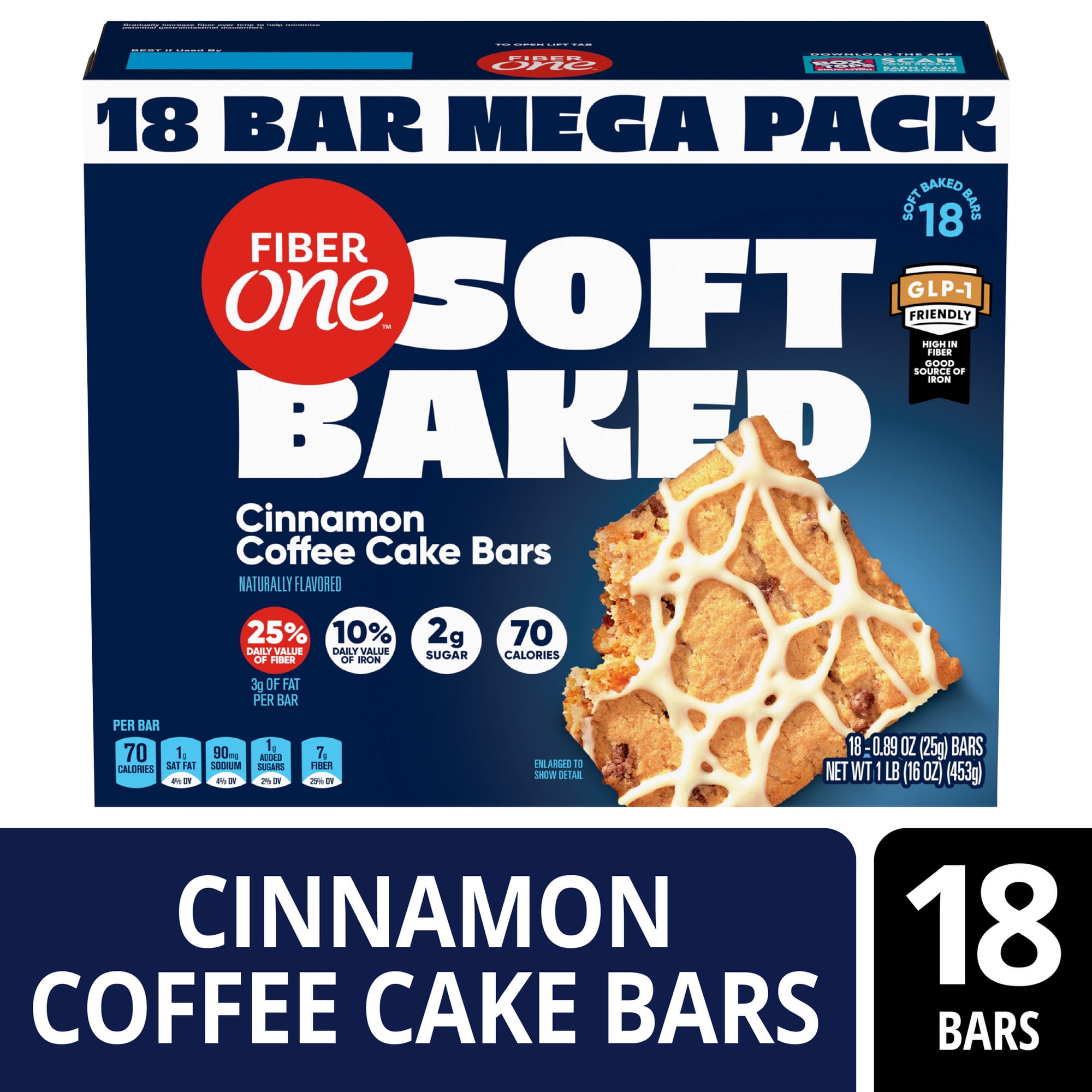 Fiber One Soft Baked Cinnamon Coffee Cake Bars, Fiber Snacks, Mega Pack, 18 Ct, 16 oz