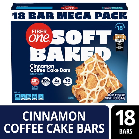 Fiber One Soft Baked Cinnamon Coffee Cake Bars, Fiber Snacks, Mega Pack, 18 Ct, 16 oz