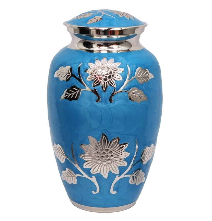 Embossed Sunflower Blue Cremation Urn Solid Brass Florentine Blue Urn