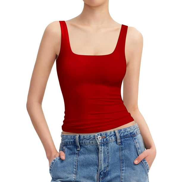 Camiseta sin mangas y cuello redondo para mujer - Top básico ajustado de punto acanalado - Ropa informal elástica de poliéster