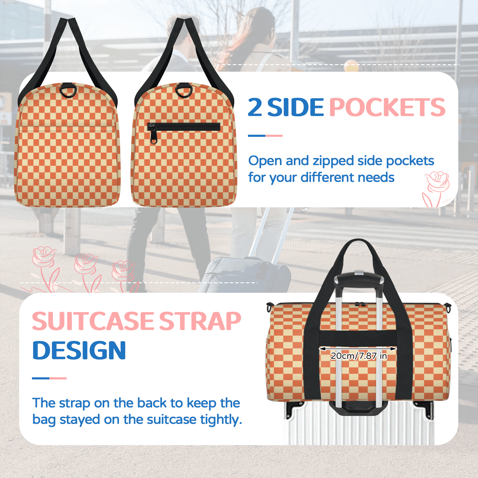 Herdesigns Checkerboard Orange Travel Duffle Bag Sports Yoga Weekender Overnight Carry on Workout Bags Lightweight Waterproof Gym Tote Bag for Women