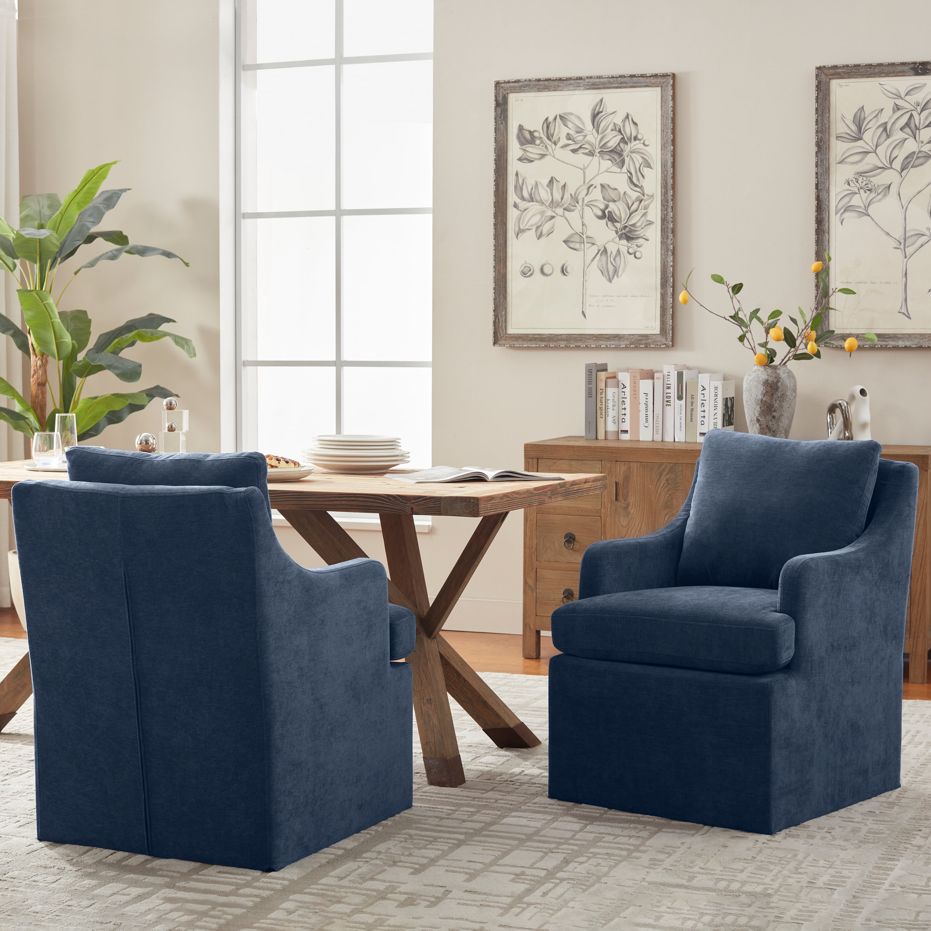 Vknow Furniture Set of 2 Upholstered Dining Chairs with Rolling Casters and Armrests for Kitchen and Dining Room,Blue