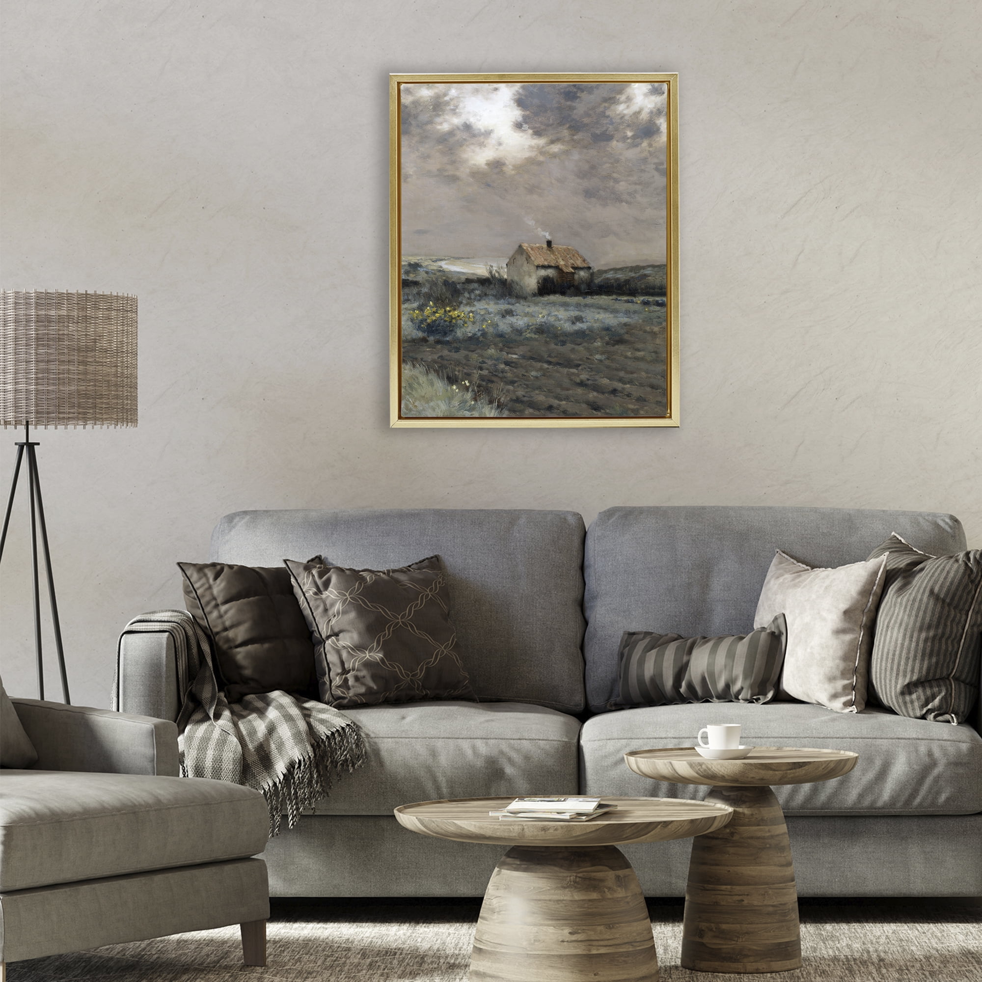 Cabin in Overcast Field Gold Framed Floater Canvas Wall Art, design by Lettered and Lined