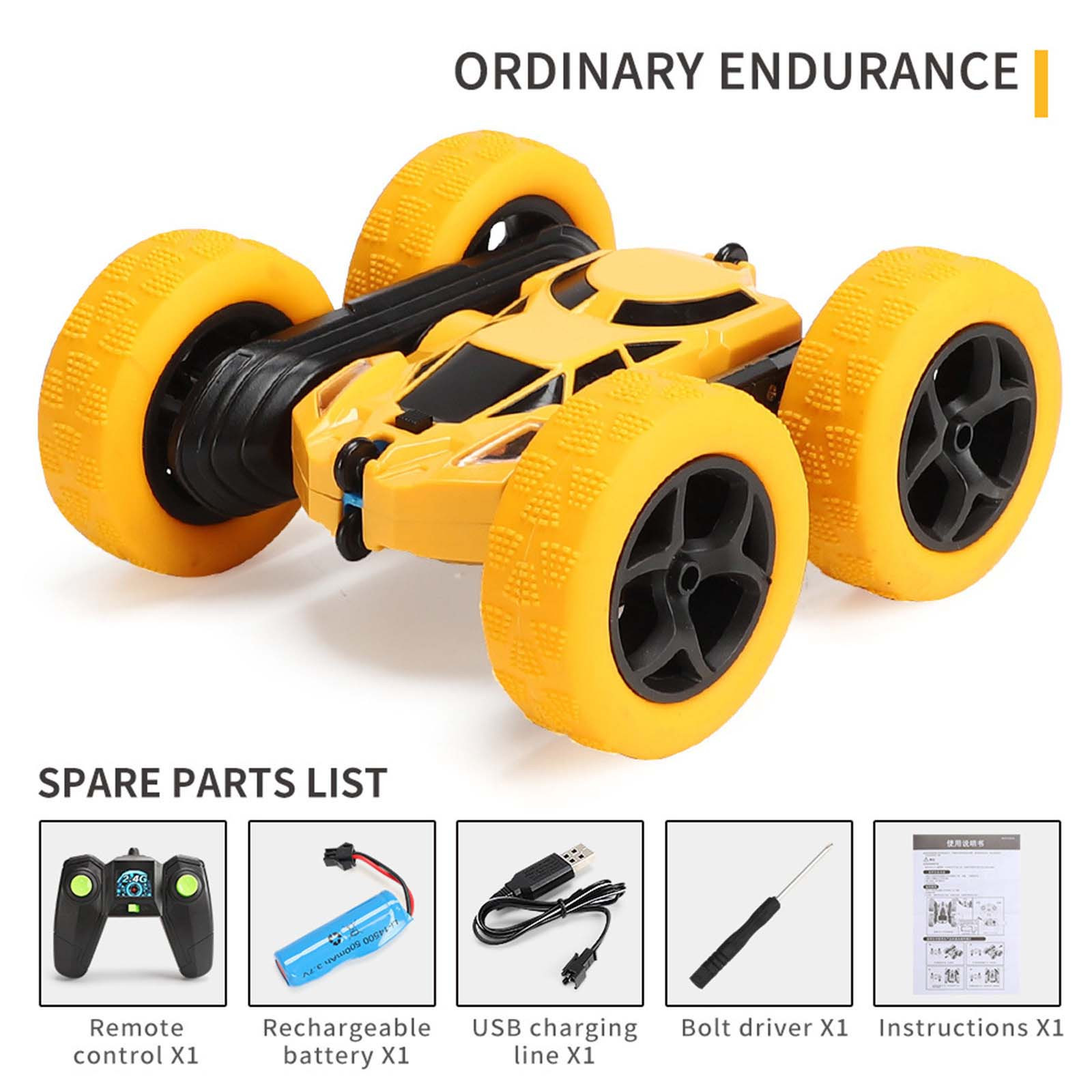 Yellow Yellow Rechargeable Double Sided Stunt Car 360 Degree Rotating Tumbling Rc Vehicle With Led Lights Remote Toy