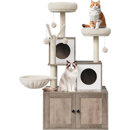 Cat Tree with Litter Box Enclosure, All-in-One Modern Cat Tower for Indoor Cats, Wood Cat Condo with Scratching Post, Dangling Balls, , Oak Brown
