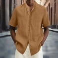 thumbnail image 2 of Men's Linen Shirts Band Collar Short Sleeve Tops Button Down T-Shirts Loose and Breathable Casual Beach Shirt Coffee M, 2 of 5