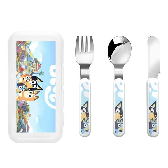 Zofaai Bluey Pattern Children's Knife, Fork and Spoon Three-piece Set, Stainless Steel Children's Tableware with Outer Box, Suitable for School, Home