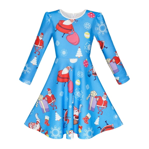 Girls Dress Blue Santa Jingle Bell Christmas Tree Long Sleeve 5