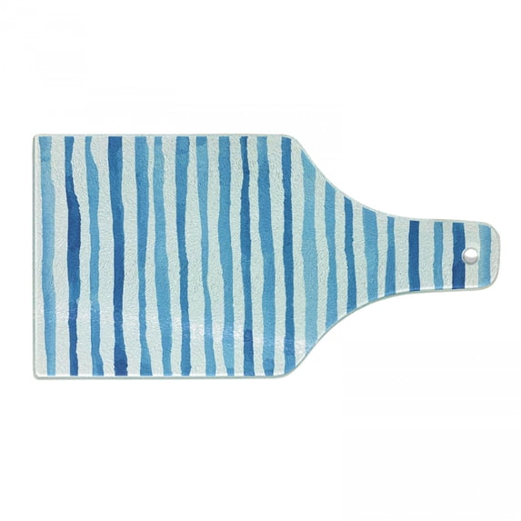 Harbour Stripe Cutting Board, Watercolor Stripes Paintbrush Color Bands Nautical Cottage Design, Tempered Glass Cutting and Serving Board, Wine Bottle Shape, Violet Blue White, by Ambesonne