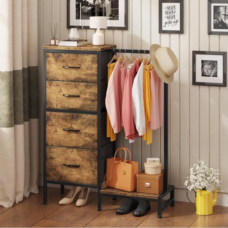 Simenmax 4-in-1 Storage Tower with Clothes Rack, Tall Garment Rack with Shoe Shelf and Bag Hook, Heavy Duty Organizer for Bedroom Entryway Living Room, Brown