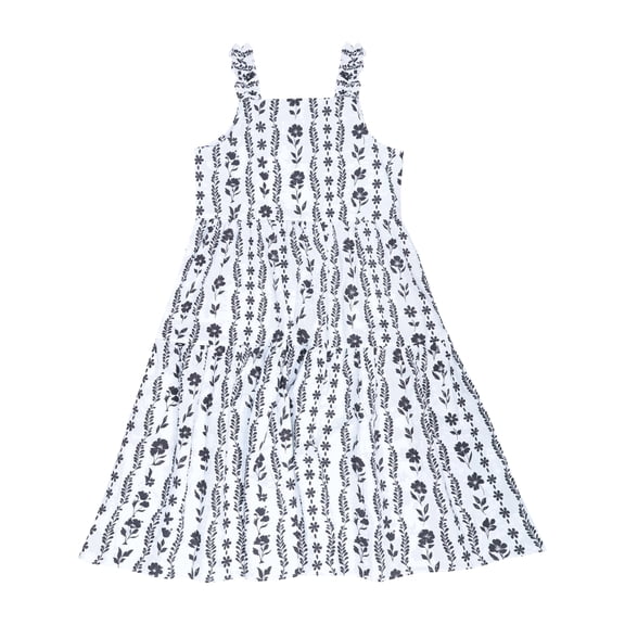 Girls Summer Boho Maxi Dress, Black and White Floral Tiered Sundress with Ruffle Straps for Toddler & Little Girls (5-6Y)