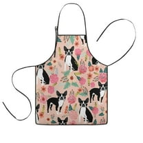 Pink Boston Terrier and Flower Kids Aprons for Girls and Boys,Adjustable Neck Strap Toddler Aprons for Kids Cooking Baking