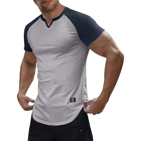 Ribbed T Shirts for Men , Color Block Raglan Short Sleeve Fitness Workout Tops V Neck Shirt Slim Fit Casual Basic Tee Fashion Bodybuilding Muscle Gym Baseball Tshirts