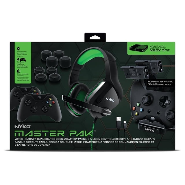 kit de accesorios nyko para xbox one multicolor Empaque frontal con headset negro y verde con micrófono, dos controles negros, base de carga dual con cable USB, dos baterías recargables y ocho tapas de joystick de silicón; fondo negro y verde con logo Nyko. Es ideal para reemplazar o ampliar accesorios de juego y suele usarse también para sesiones de juego en casa.