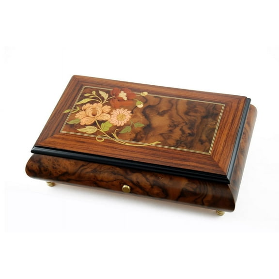 Beautiful 50 Note Walnut Music Box with Floral Bouquet Inlay and Rosewood Border - Eine Klein Natchmusik