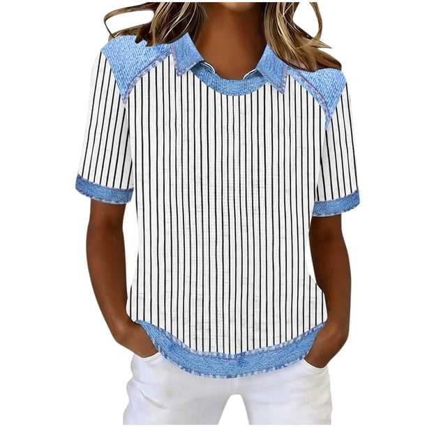 Tops de Manga Corta para las Mujeres Camiseta Suelta de Primavera Y Verano con Solapa Casual