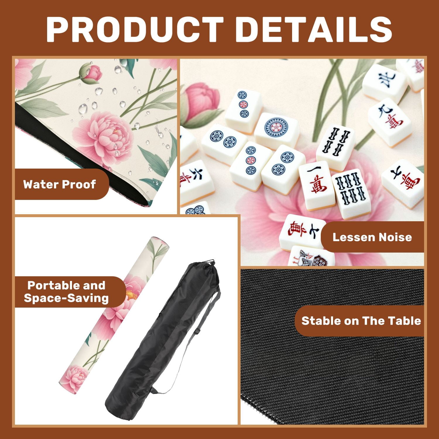 Mahjong Mat 31.5" x 31.5" Seamless Pink Peony Floral Green Leaves Light Non-Slip Noise Reduction American Mahjong Tiles Table Cover for Dominoes Poker Card Board Games Gift