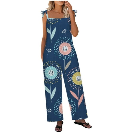 

Dyegold Jumpsuits for Women Casual Womens Casual Jumpsuit Baggy Wide Leg Playsuit Floral Print Summer Beach Square Neck Sleeveless Rompers Overalls