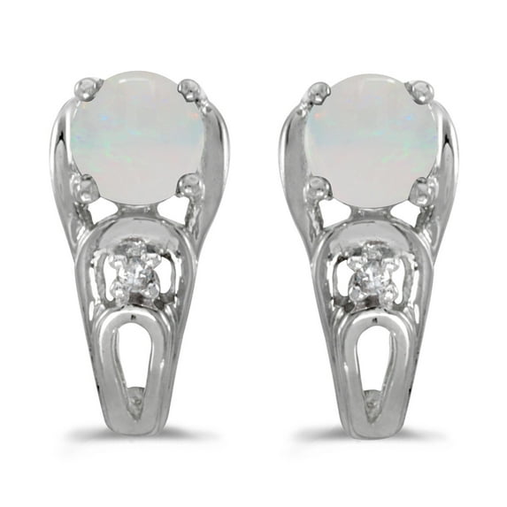 10k White Gold Round Opal And Diamond Earrings