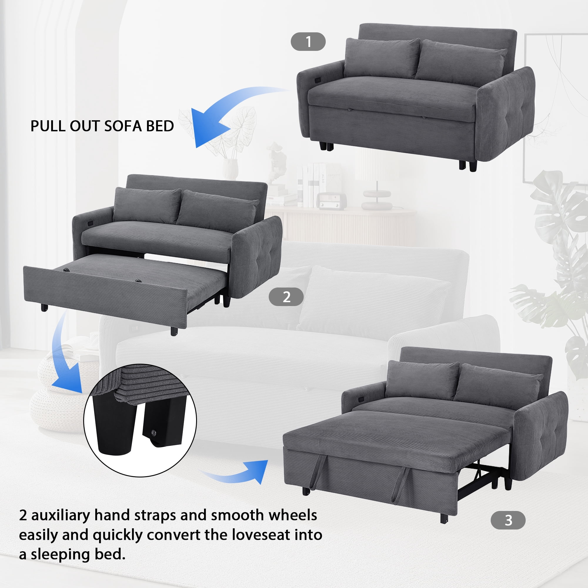 Aukfa 57.48" Sleeper Sofa Bed, Modern Convertible Loveseat Sofa Couch with USB Ports, Dark Gray