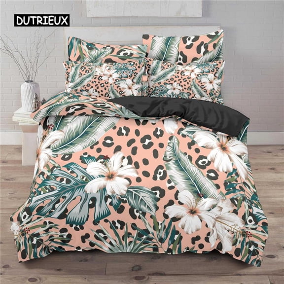 Leopard Print Duvet Cover Set Tropical Plant Flower Print Bedding Set Microfiber 23pcs Twin Double