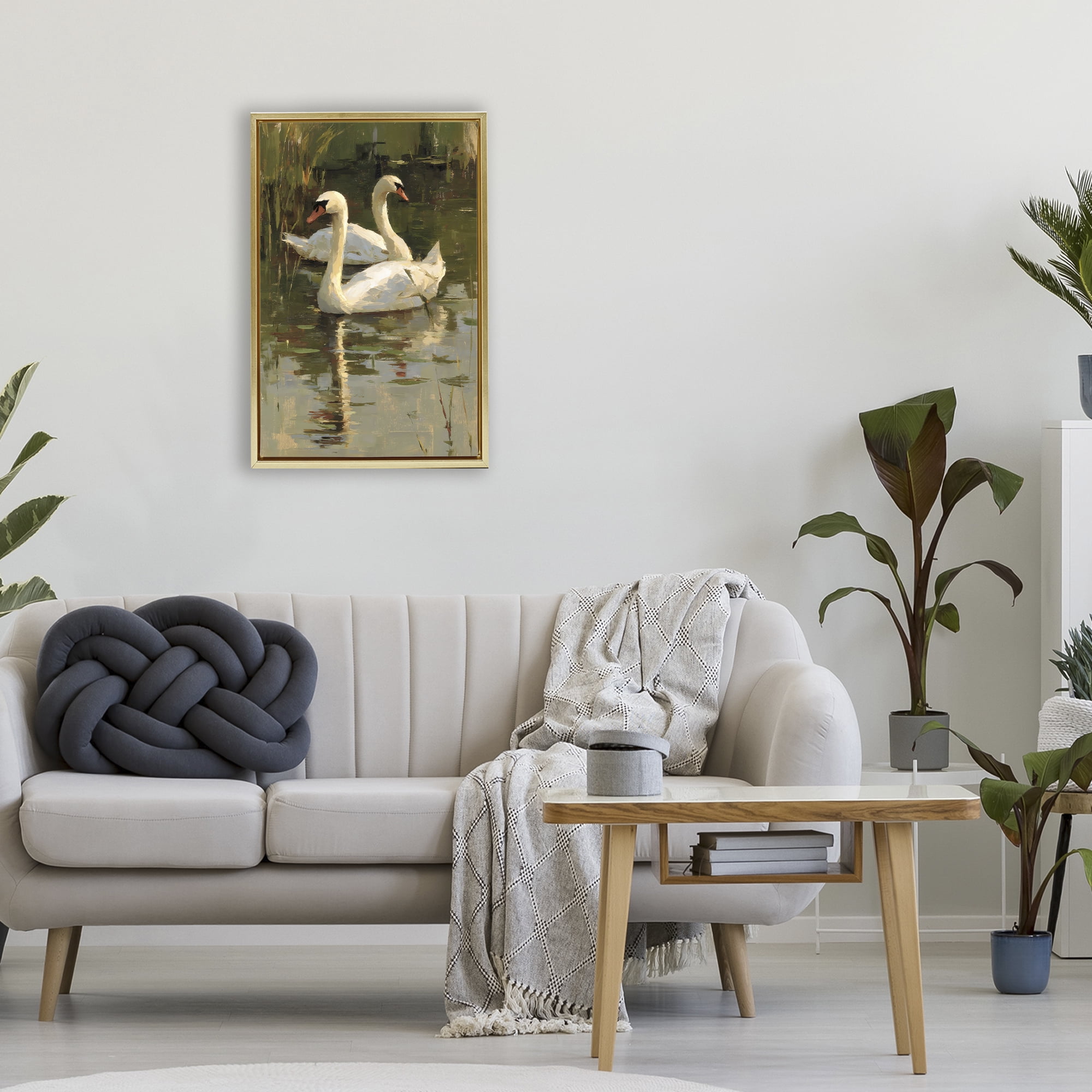 Stupell Industries Swans For A Swim Gold Framed Floater Canvas Wall Art, design by Petal Prints Design