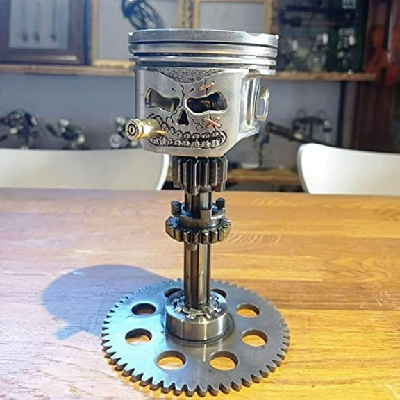 Carved Piston Skull Face Sculpture, Sculpture Art Figurine Handmade Piston Man Head Statue for Car Enthusiast Home Decorate