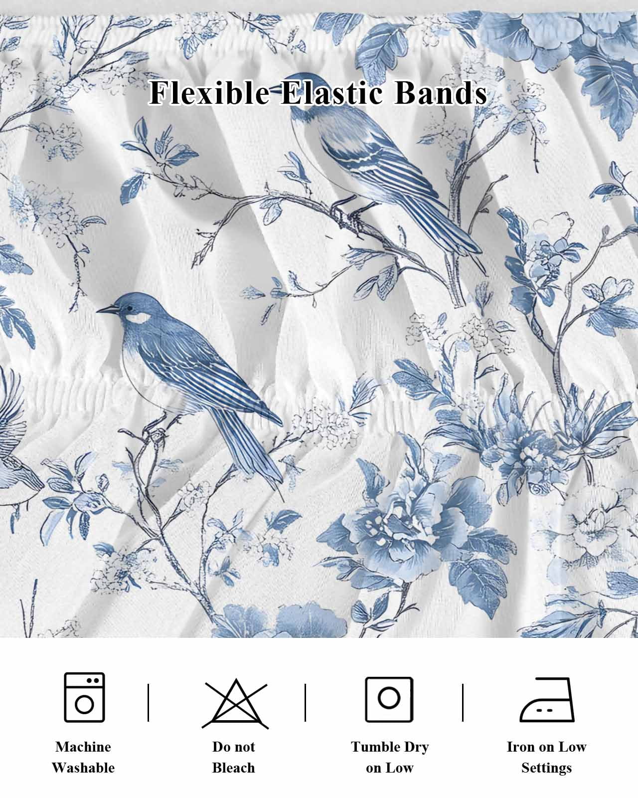 White Blue Spring Floral Wrap Around Bed Skirts for Queen Bed 16" Drop, Bed Skirt with Adjustable Elastic Belt Dust Ruffle Bed Valance for Bedroom Hotel Luxury Summer Birds Botanical Bed Frame Cover