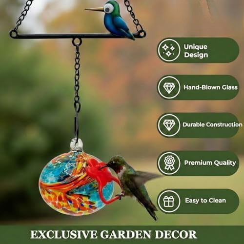 Hummingbird Feeder for Outdoors Hanging,Metal Hummingbird Swing with Hand Blown Glass Hummingbird Feeder,Artistic Bird Perch & Garden Decor, Unique Gardening Gifts for Women(Blue)