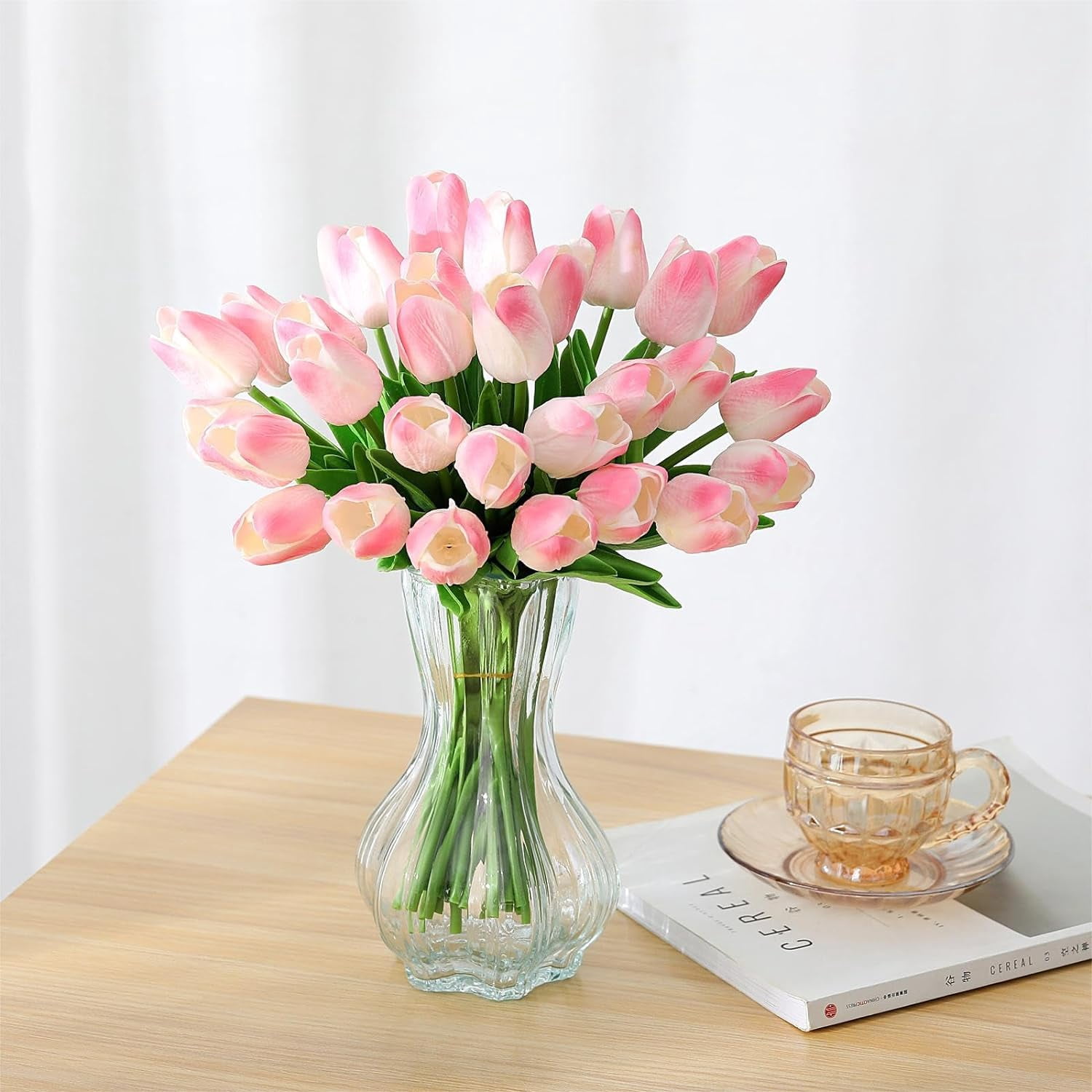 Fake Tulips Artificial Flowers Real Touch Pink " Silk Flower for Home Kitchen Decor Mother's Day Spring Easter Wedding Bouquet Decorations Office Floral Arrangements(Light Pink)