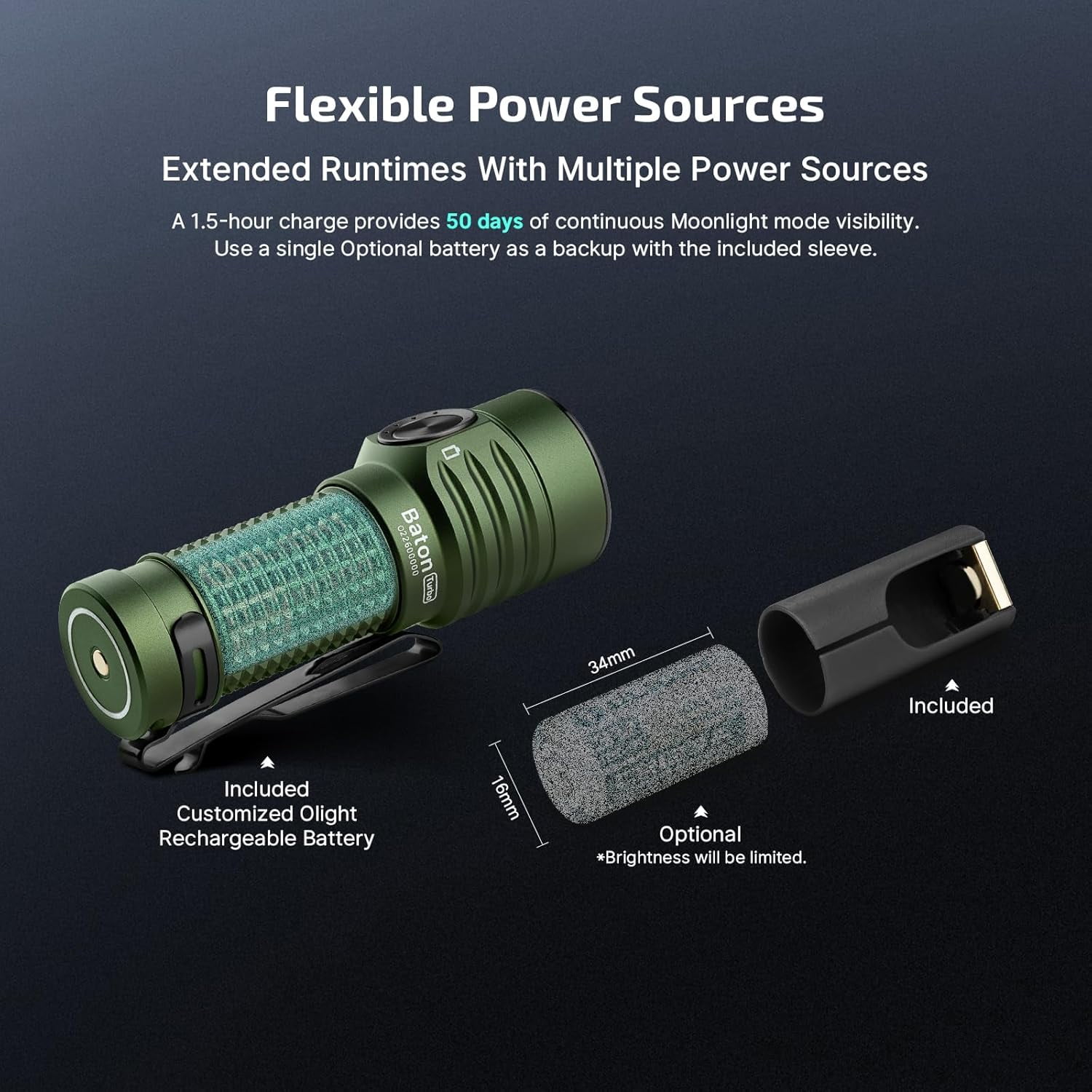 OLIGHT Baton Turbo Rechargeable Handheld Flashlight, 1000 Lumens Compact LED, 510 Meters Long Throw with Two-Way Clip, LED Walking Cane Flashlight, OD Green