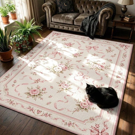 [Room Decor Rug]Aesthetic Coquette Pink Floral Rug Shabby Chic Ribbon Rose Print Preppy Girly Bedroom D