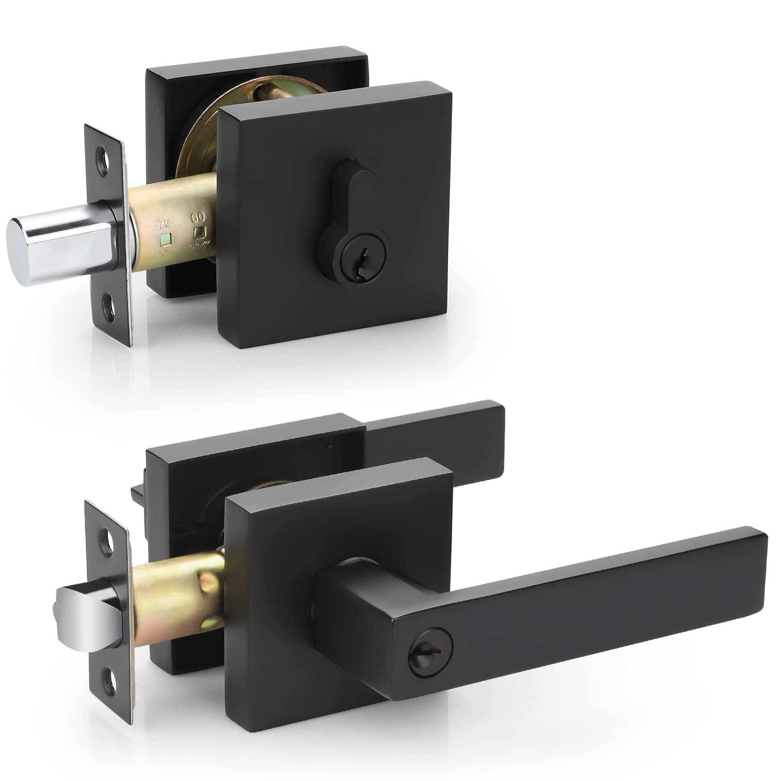 Pack Heavy Duty Entry Lever Door Handle and Single Cylinder Deadbolt Lock  Set, Contemporary Square Keyed Alike Entry Door Handle Set with Deadbolt  for Front Door or Office, Matte Black Finish