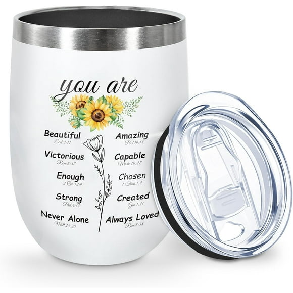 Christian Gifts for Women 12oz Insulated Wine Tumbler, Stainless Steel Stemless Glass, Inspirational Flower Prints, Ideal for Mom, Sister, Wife, Coworker