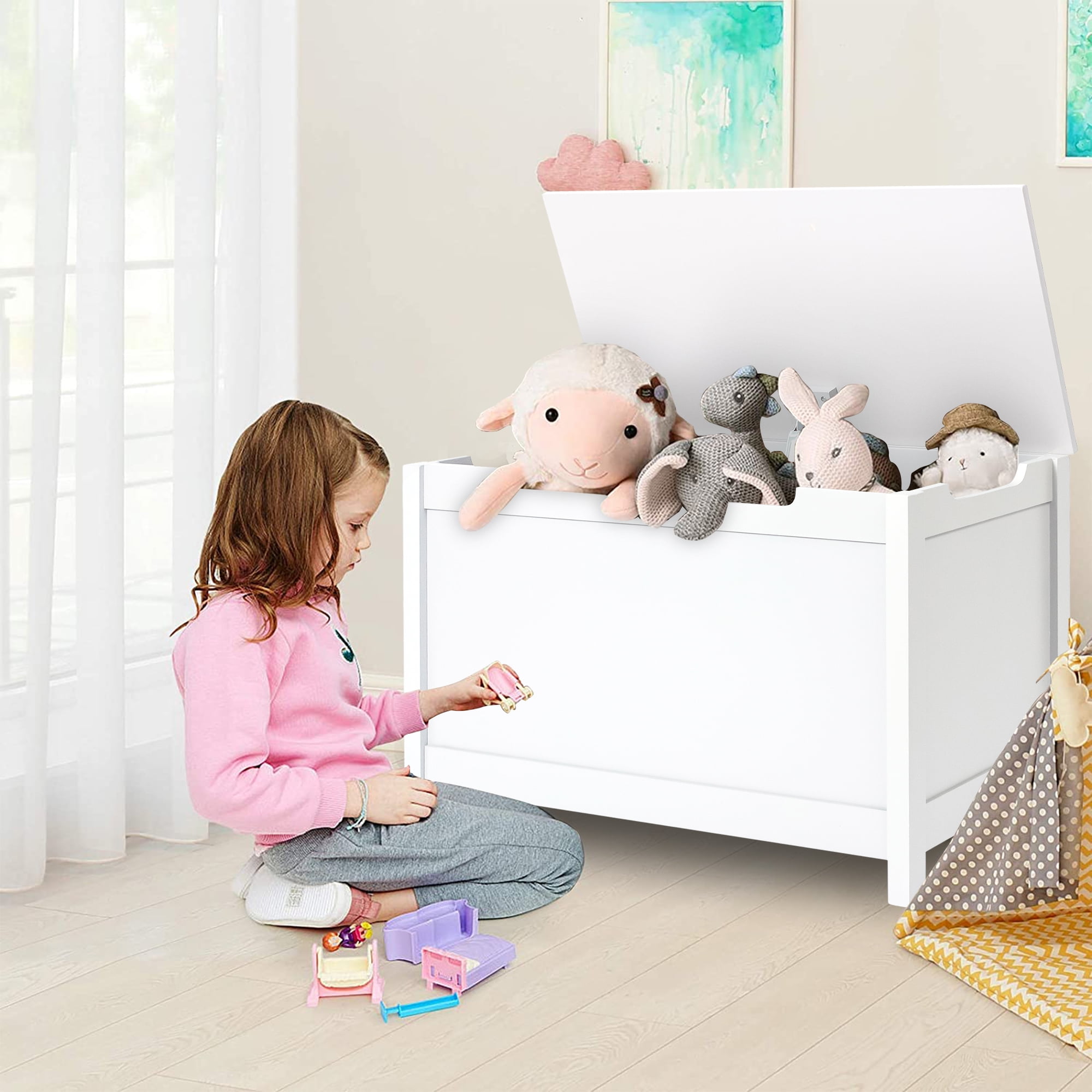 TKM Home Kids Toy Box Wooden Storage Chest Bench W/ Bookshelf Wheels Safety  Hinge Lid