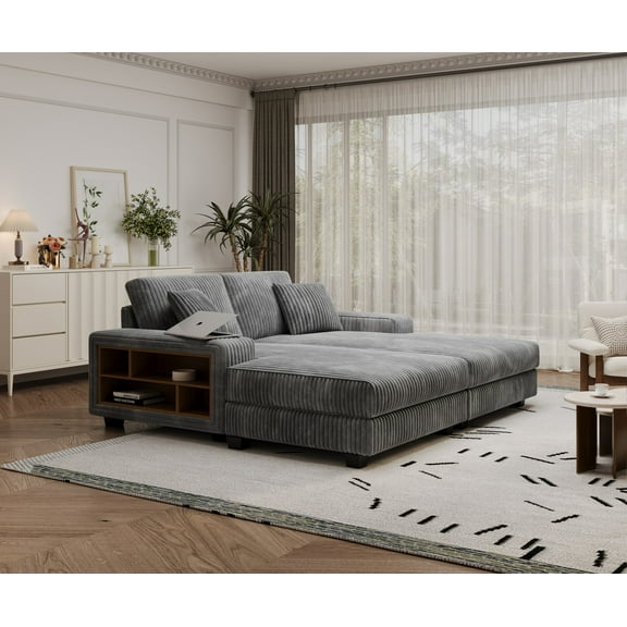 Aukfa 79.5" Oversized Double Chaise Lounges Sofa, Plush Corduroy Sectional with Storage Armrests, Memory Foam Loveseat Sleeper Sofa Couch for Living Room/Bedroom, Gray