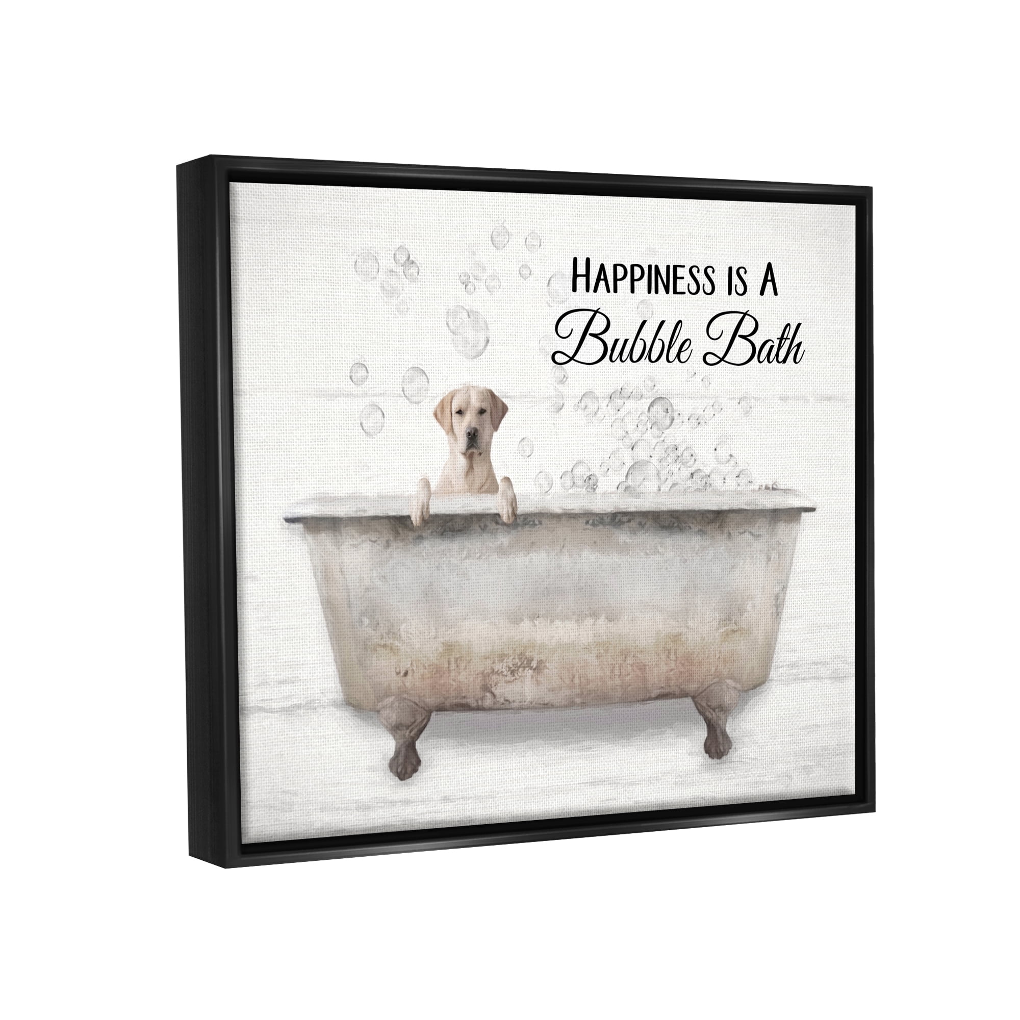 Stupell Industries Happiness Is A Bubble Bath Dog In Tub Word Design Jet Black Framed Floating Canvas Wall Art, 16x20, by Lori Deiter