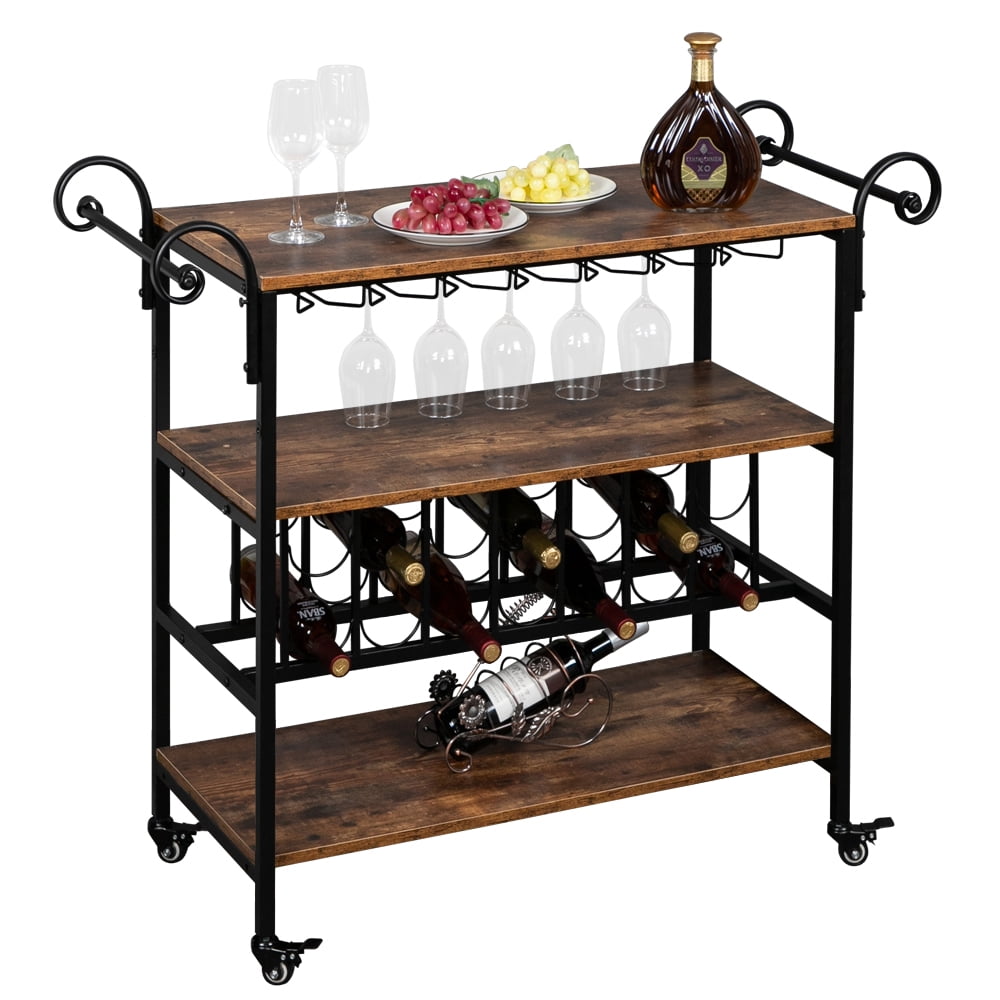 Kepooman Three-Layer Double-Armrest Small Wave Wine Bottle Layer 1.5mm Thick Density Board Fire Pattern Removable Iron Wood Craft Wine Cart Kepooman Three-Layer Double-Armrest Small Wave Wine Bottle Layer 1.5mm Thick Density Board Fire Pattern Removable Iron Wood Craft Wine Cart