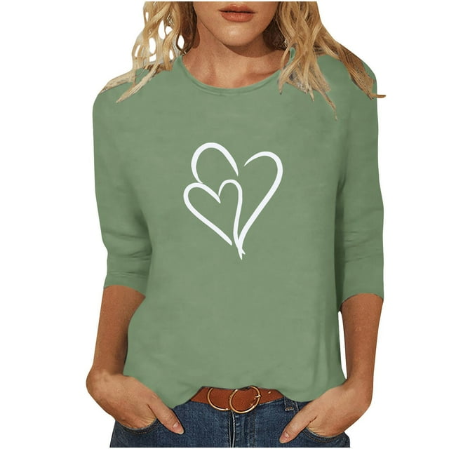 Plebaso Hauts Cœur pour Femmes Manches 3/4 Col Rond T-Shirts Décontractés Imprimé Chandail Femmes 2025 Tee Blouses