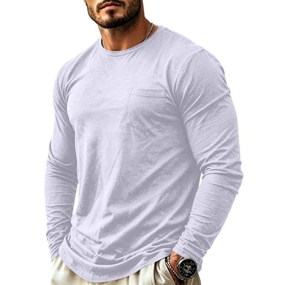 Fabrcox Long Sleeve Shirt for Men Crew Neck Undershirt for Men Casual Lightweight Workout Mens Shirts Big and Tall with Chest Pocket White XXL