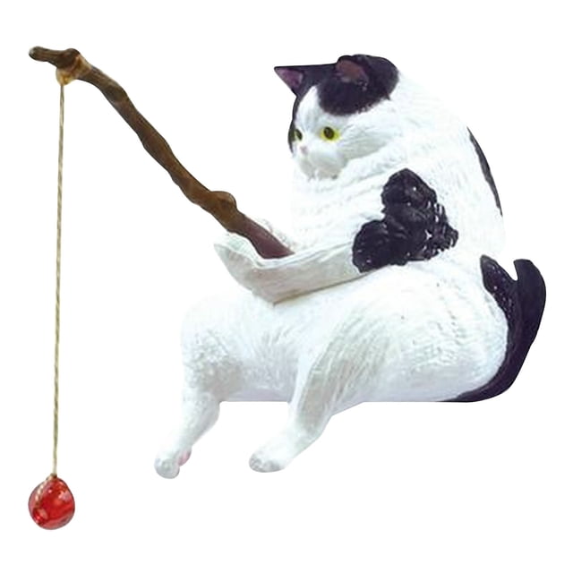 Wooden Cat Fishing Statue for Aquarium and Home Decor