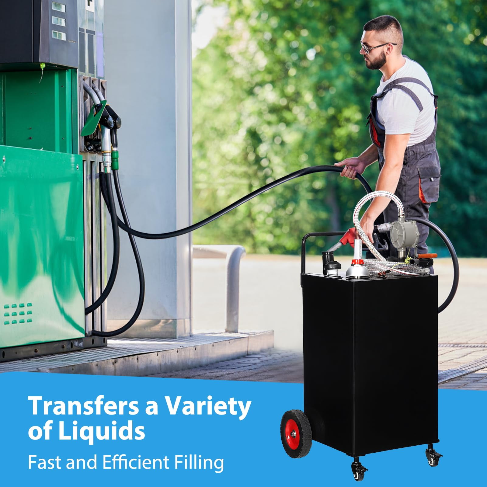 30 Gallon Fuel Caddy, Fuel Storage Tank on 4 Wheels, Portable Gas Caddy with Manual Transfer Pump, Gasoline Diesel Fuel Container for Cars, Lawn Mowers, ATVs, Boats, More