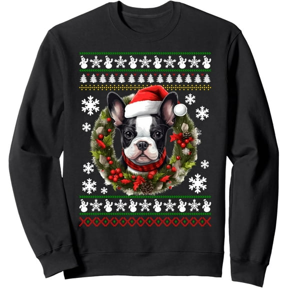 Boston Terrier With Santa Hat Ugly Christmas Sweatshirt